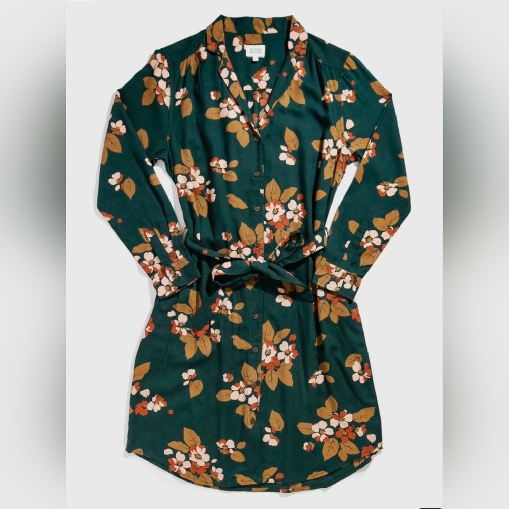Bridge & Burn Emery Shirt Dress Forest Green Floral Large Cream Tan Rust Modal